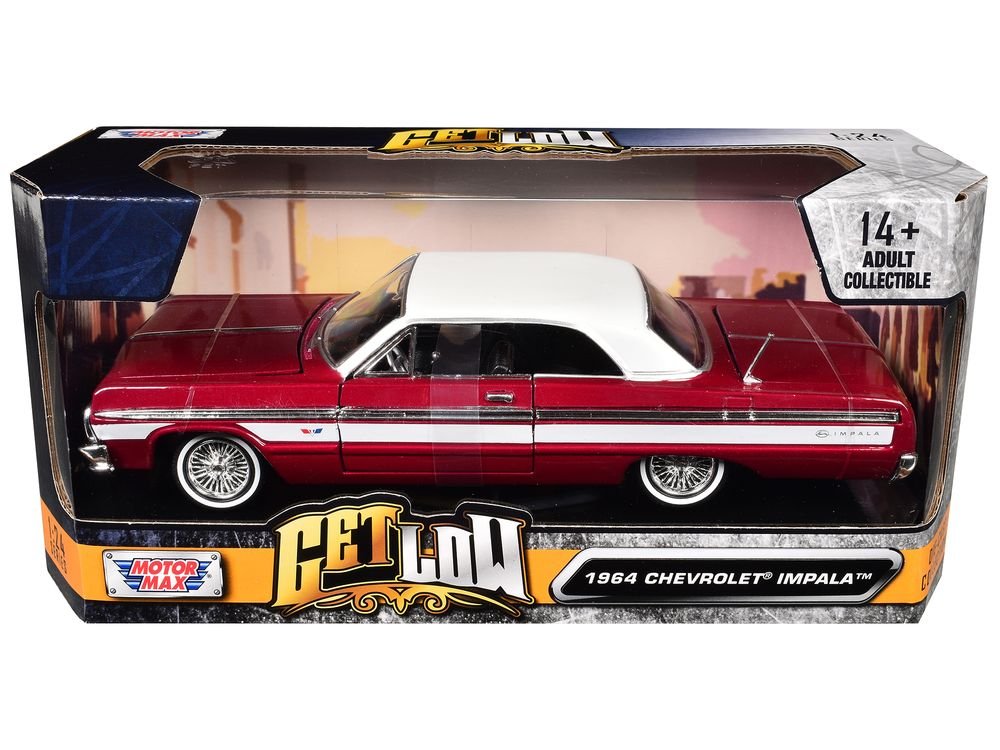 1964 Chevrolet Impala Lowrider Hard Top Candy Red Metallic with White Top "Get Low" Series 1/24 Diecast Model Car by Motormax view 3
