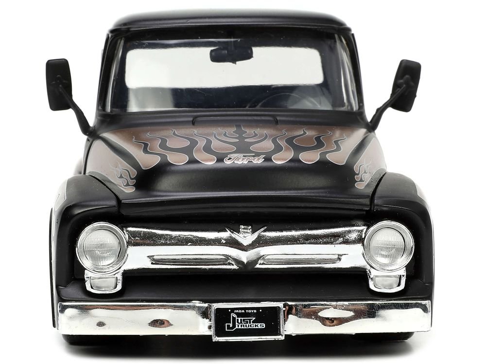 1956 Ford F-100 Pickup Truck Matt Black and Champagne with Flames with Extra Wheels "Just Trucks" Series 1/24 Diecast Model Car by Jada view 5