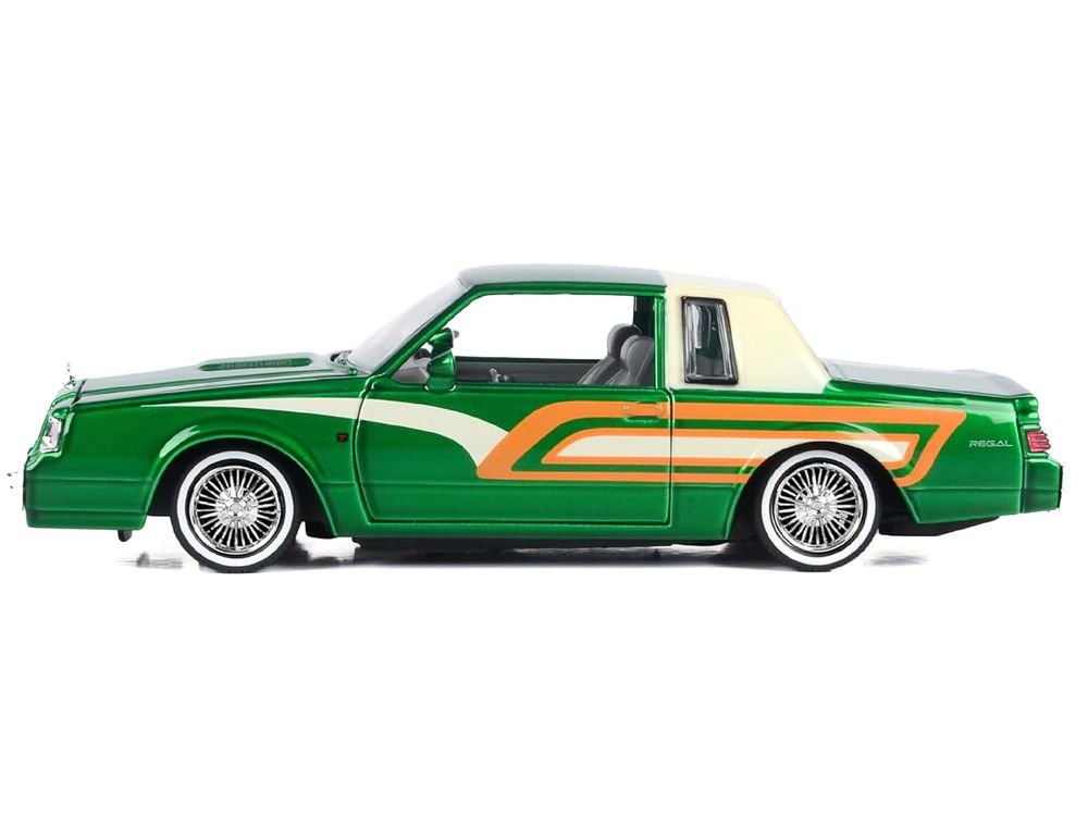 1987 Buick Regal 3.8 SFI Turbo Green Metallic and Cream with Graphics "Get Low" Series 1/24 Diecast Model Car by Motormax view 3