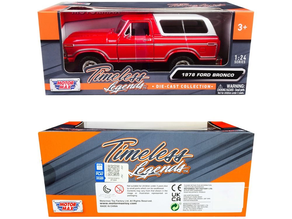1978 Ford Bronco Custom Red and White "Timeless Legends" Series 1/24 Diecast Model Car by Motormax view 3