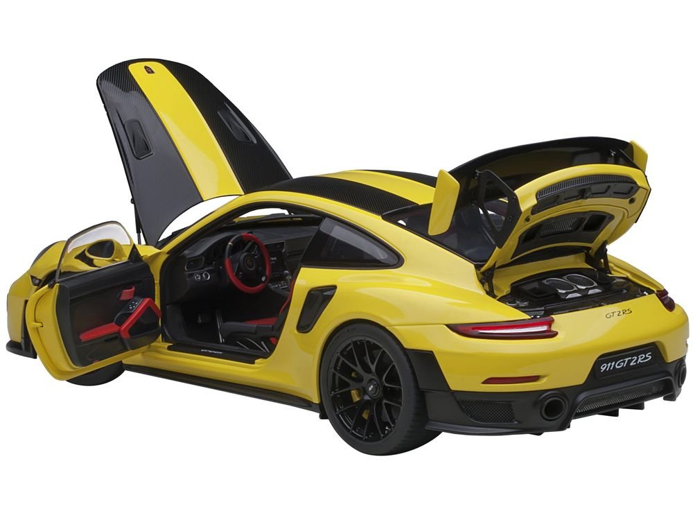 Porsche 911 (991.2) GT2 RS Weissach Package Racing Yellow with Carbon Stripes 1/18 Model Car by Autoart view 2