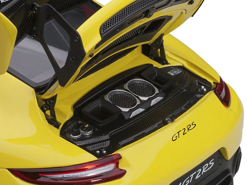 Porsche 911 (991.2) GT2 RS Weissach Package Racing Yellow with Carbon Stripes 1/18 Model Car by Autoart view 4