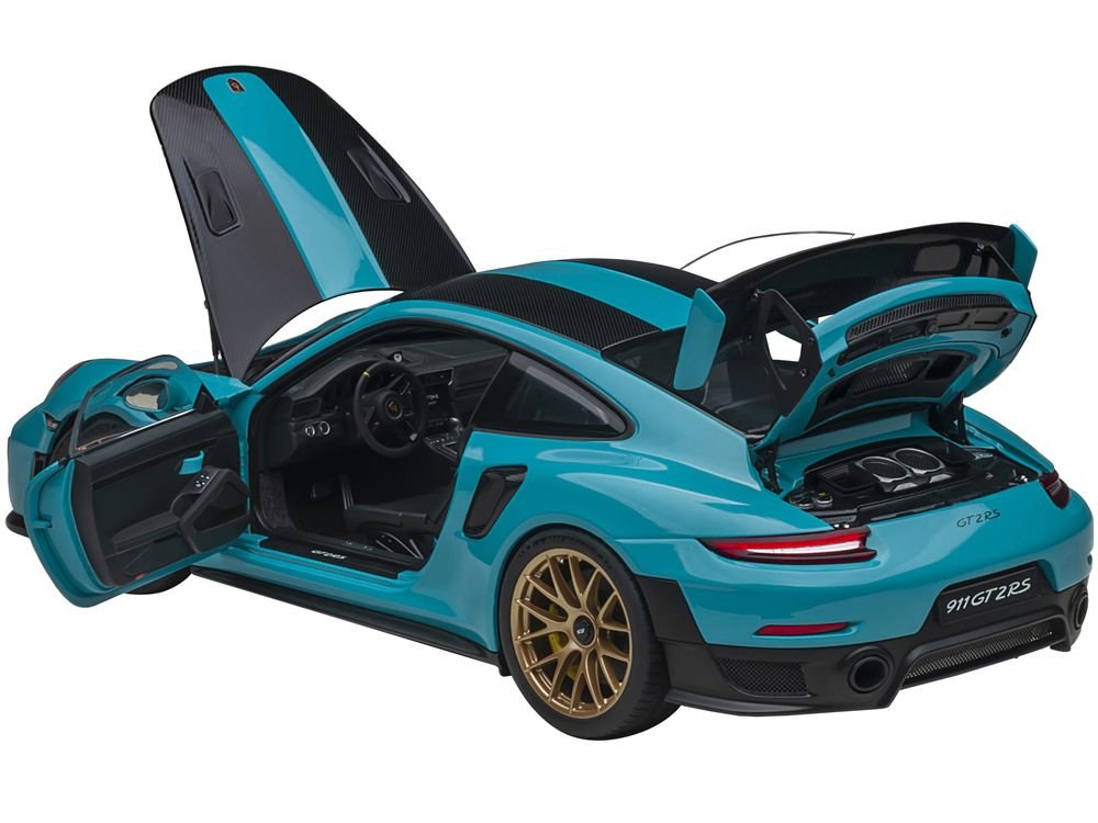 Porsche 911 (991.2) GT2 RS Weissach Package Miami Blue with Carbon Stripes 1/18 Model Car by Autoart view 2