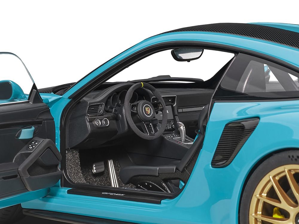 Porsche 911 (991.2) GT2 RS Weissach Package Miami Blue with Carbon Stripes 1/18 Model Car by Autoart view 3
