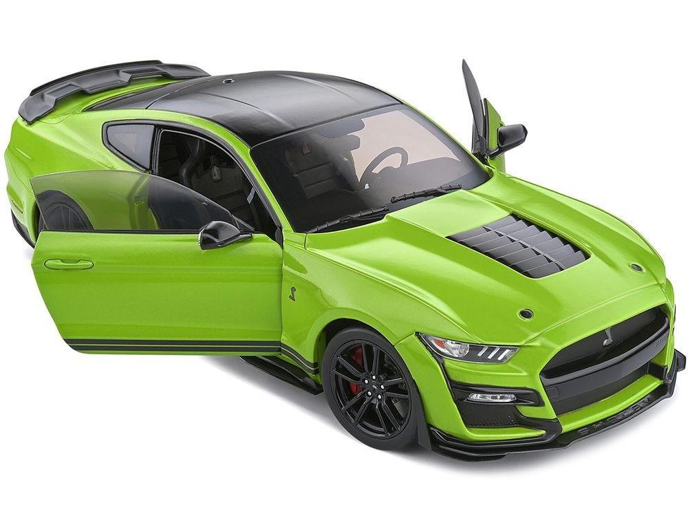 2020 Ford Mustang Shelby GT500 Grabber Lime Green Metallic with Black Top and Stripes 1/18 Diecast Model Car by Solido view 2