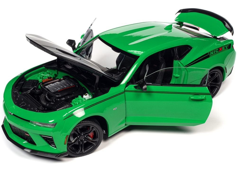 2017 Chevrolet Nickey Camaro SS 1LE Krypton Green with Matt Black Hood and Black Stripes 1/18 Diecast Model Car by Auto World view 2