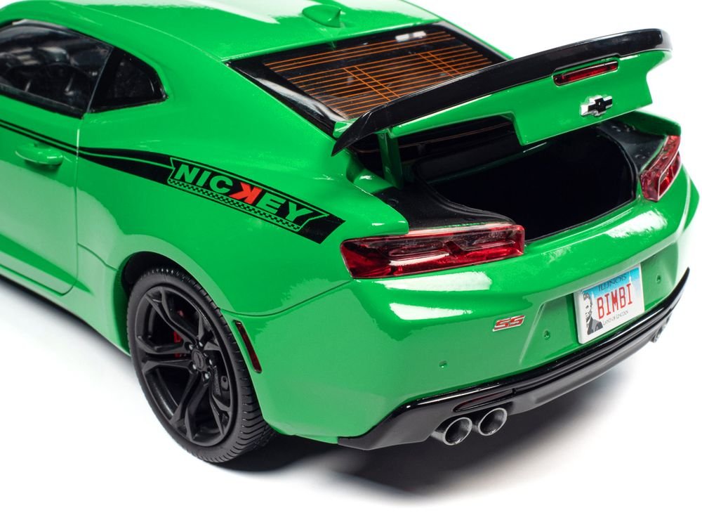 2017 Chevrolet Nickey Camaro SS 1LE Krypton Green with Matt Black Hood and Black Stripes 1/18 Diecast Model Car by Auto World view 5