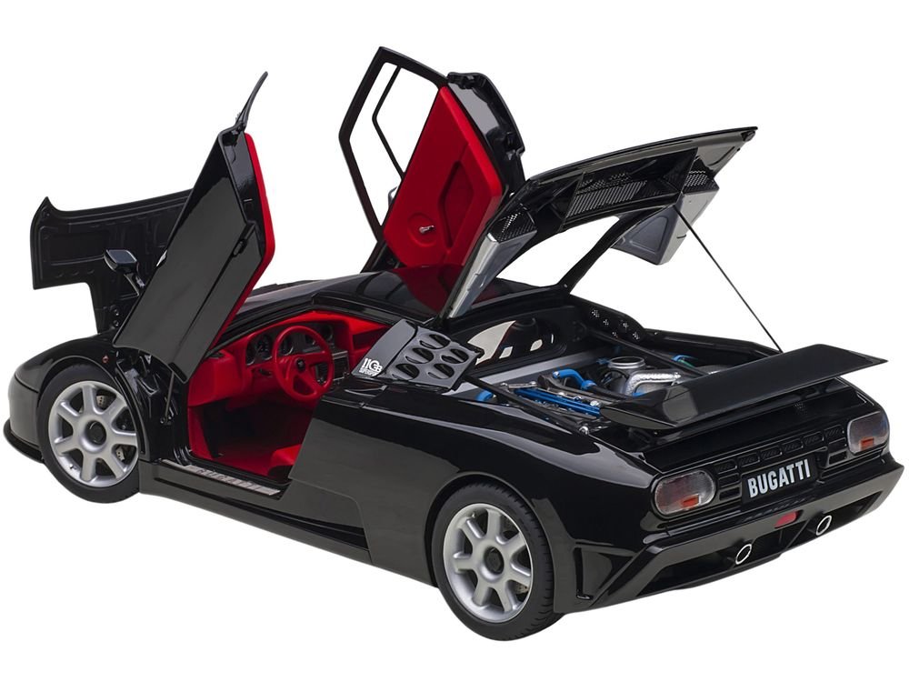 Bugatti EB110 SS Super Sport Nero Vernice Black with Red Interior and Silver Wheels 1/18 Model Car by Autoart view 2