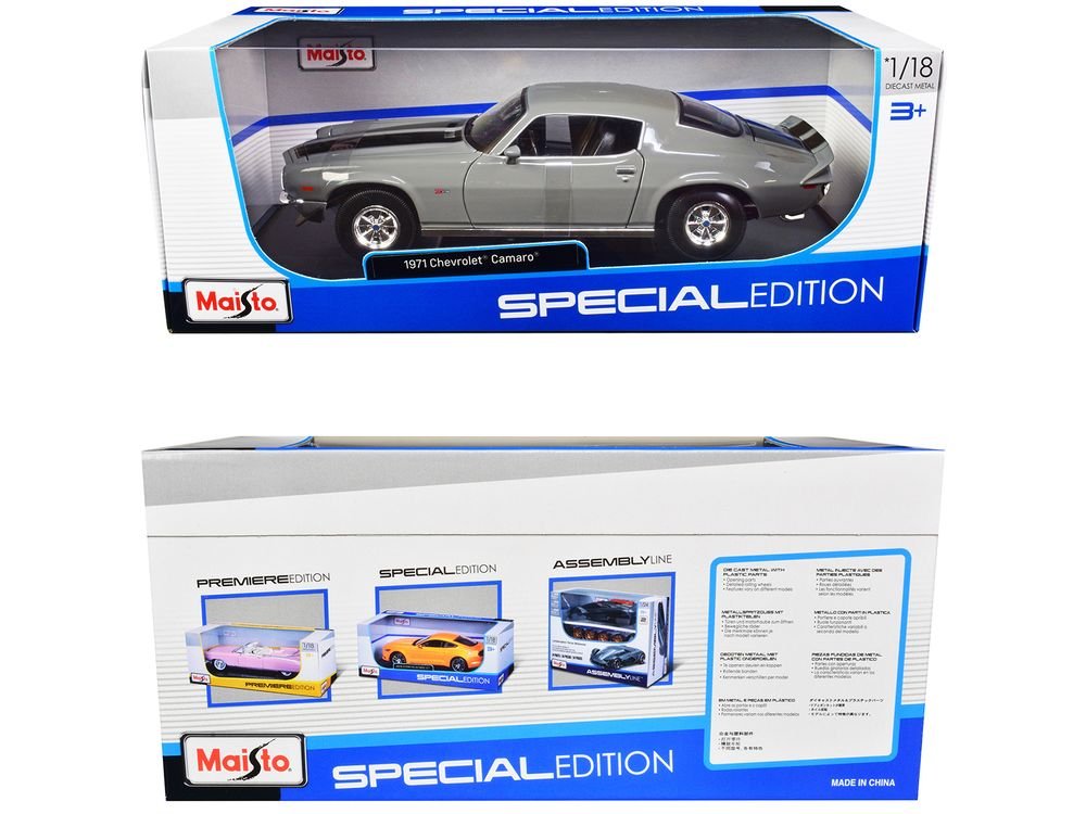 1971 Chevrolet Camaro Gray with Black Stripes "Special Edition" 1/18 Diecast Model Car by Maisto view 2