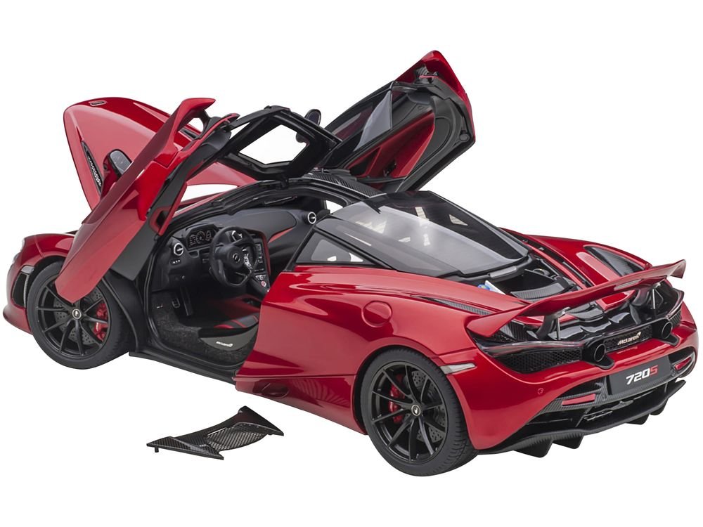 Mclaren 720S Memphis Red Metallic with Black Top and Carbon Accents 1/18 Model Car by Autoart view 2