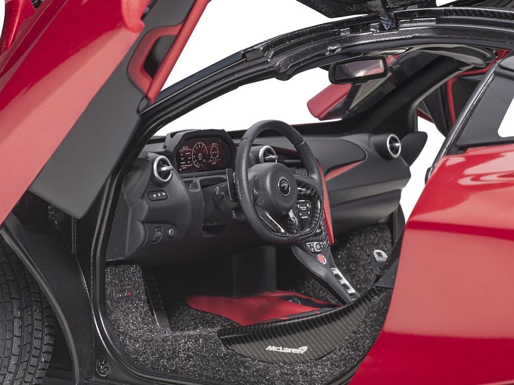 Mclaren 720S Memphis Red Metallic with Black Top and Carbon Accents 1/18 Model Car by Autoart view 3