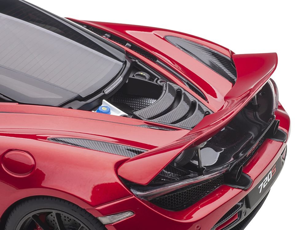 Mclaren 720S Memphis Red Metallic with Black Top and Carbon Accents 1/18 Model Car by Autoart view 5
