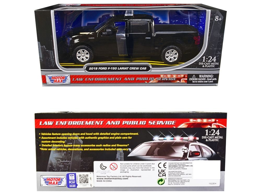 2019 Ford F-150 Lariat Crew Cab Pickup Truck Unmarked Plain Black "Law Enforcement and Public Service" Series 1/24 Diecast Model Car by Motormax view 3
