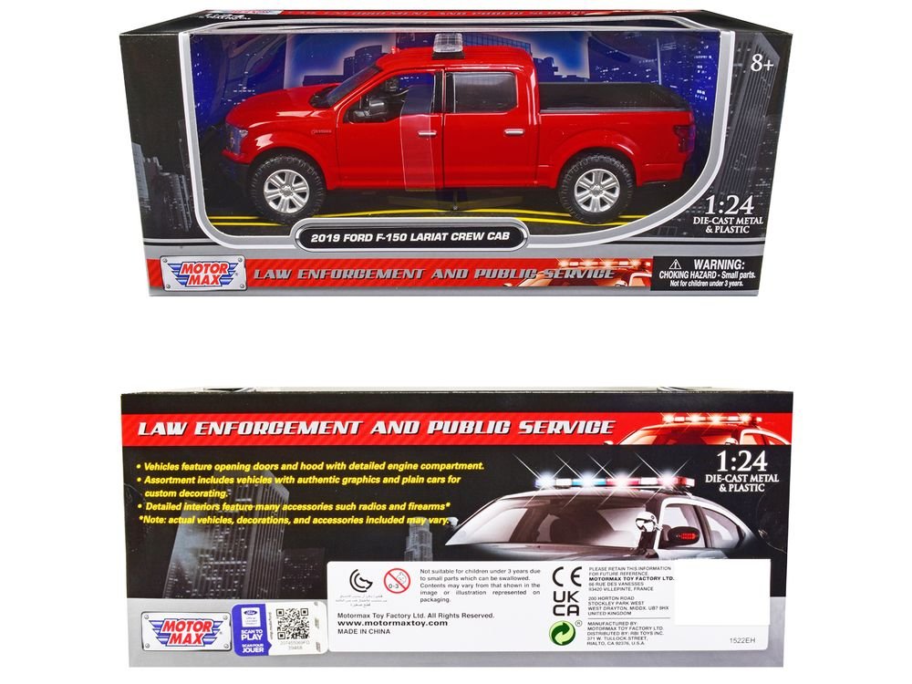 2019 Ford F-150 Lariat Crew Cab Pickup Truck Unmarked Fire Department Red "Law Enforcement and Public Service" Series 1/24 Diecast Model Car by Motormax view 3