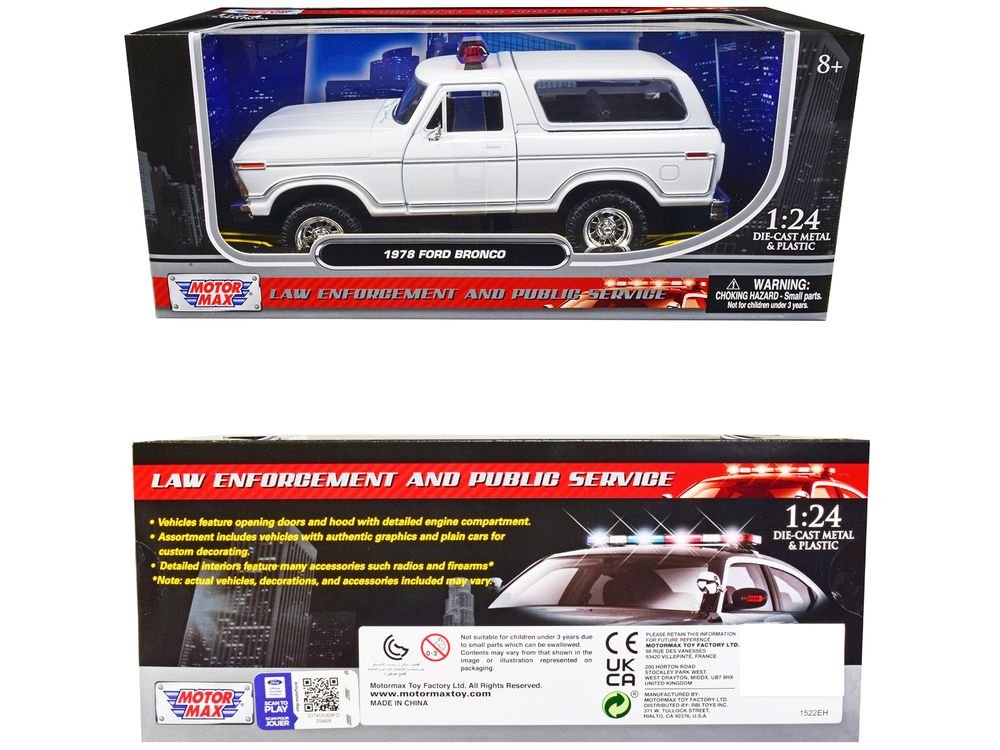 1978 Ford Bronco Police Car Unmarked White "Law Enforcement and Public Service" Series 1/24 Diecast Model Car by Motormax view 3