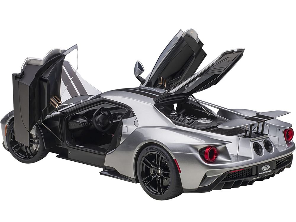 2017 Ford GT Ingot Silver Metallic with Black Stripes 1/12 Model Car by Autoart view 2