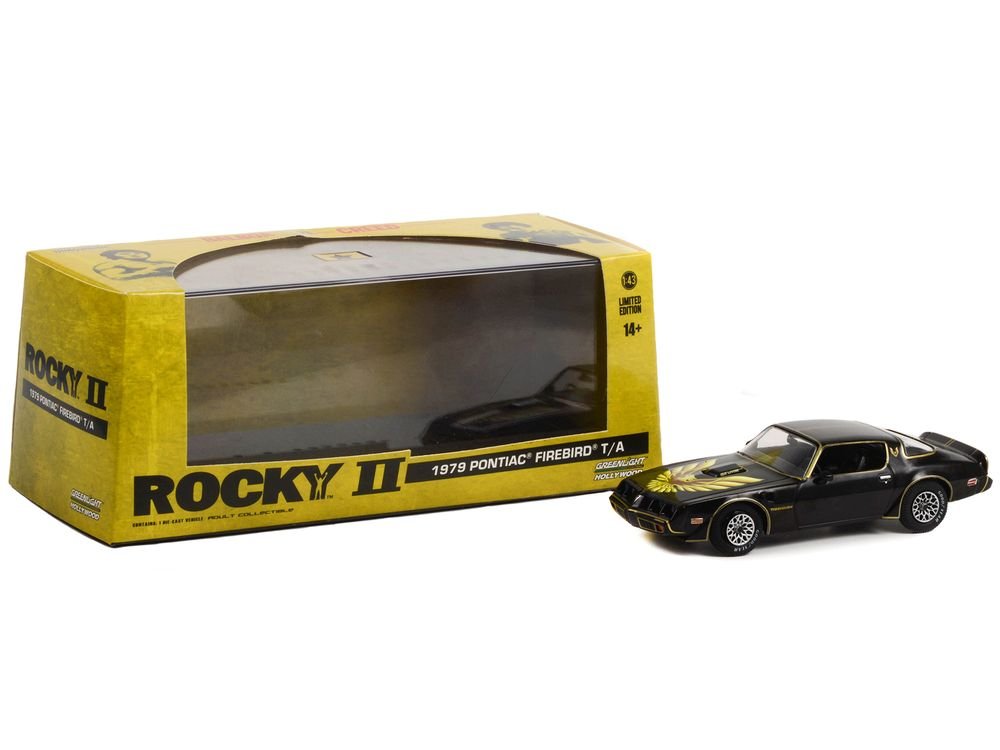 1979 Pontiac Firebird T/A Trans Am Black with Hood Phoenix "Rocky II (1979) Movie" 1/43 Diecast Model Car by Greenlight view 2