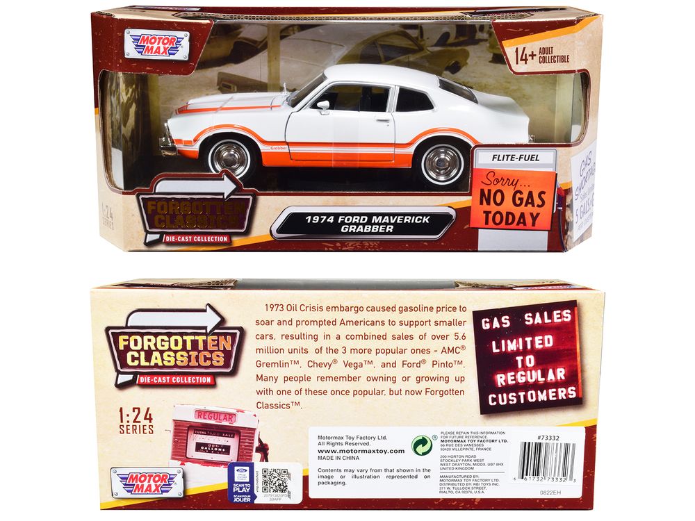 1974 Ford Maverick Grabber White with Orange Stripes "Forgotten Classics" Series 1/24 Diecast Model Car by Motormax view 3