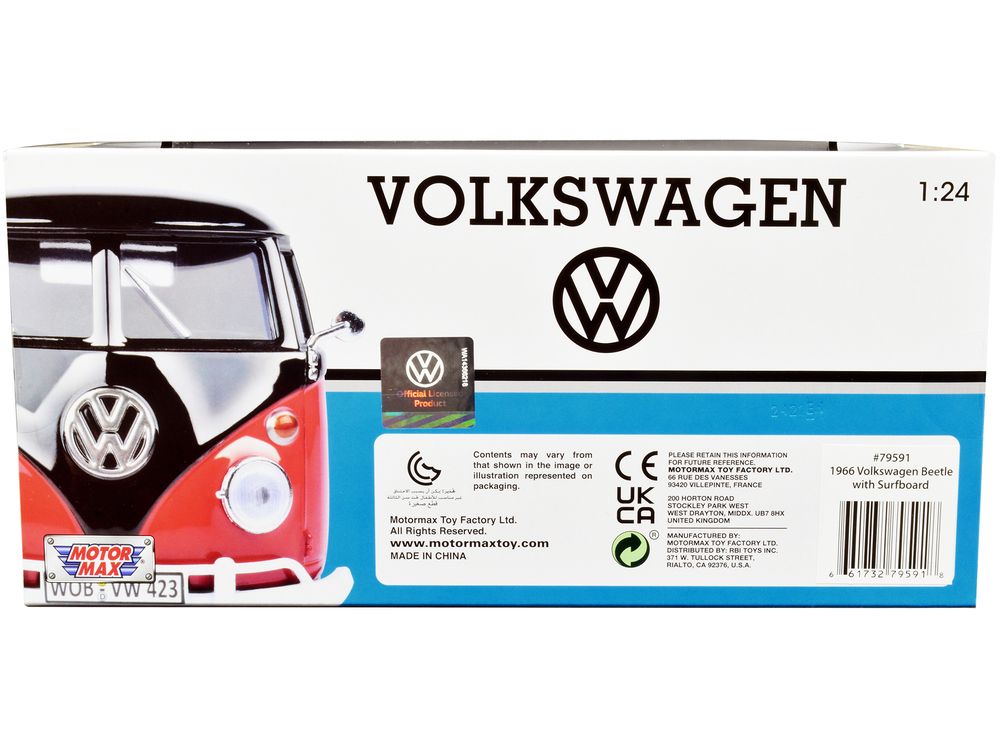 1966 Volkswagen Beetle Black with Wood Panels and Two Surfboards on Roof Rack 1/24 Diecast Model Car by Motormax view 2