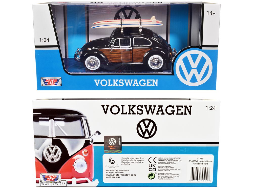 1966 Volkswagen Beetle Black with Wood Panels and Two Surfboards on Roof Rack 1/24 Diecast Model Car by Motormax view 3