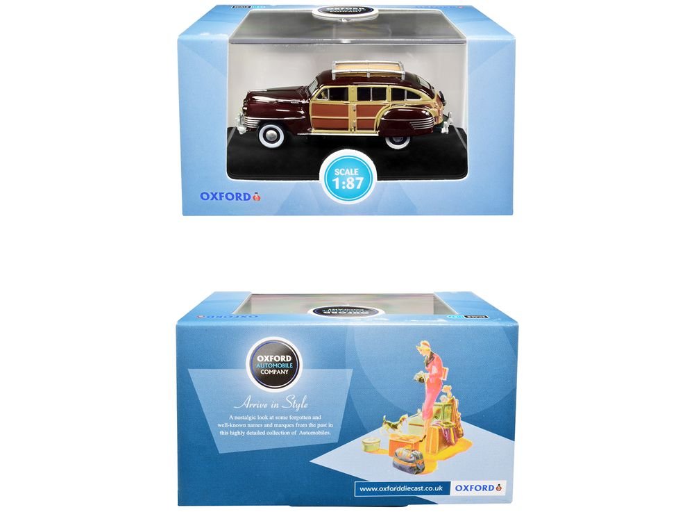 1942 Chrysler Town and Country Woody Wagon Regal Maroon with Roof Rack 1/87 (HO) Scale Diecast Model Car by Oxford Diecast view 3