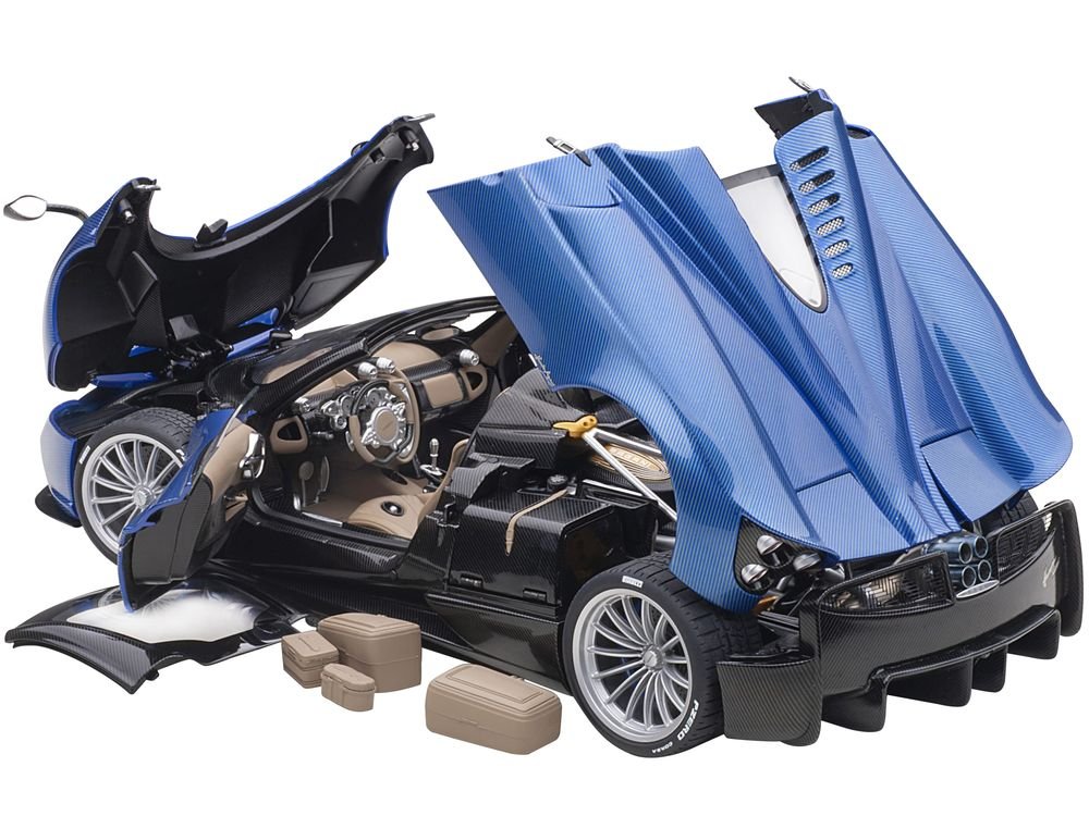 Pagani Huayra Roadster Blue Tricolore Carbon Fiber with Black Top with Luggage Set 1/18 Model Car by Autoart view 2