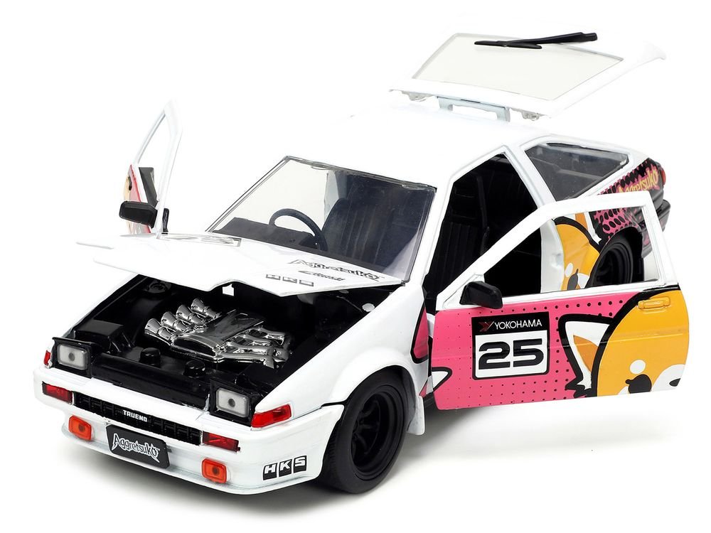 1986 Toyota Trueno (AE86) RHD (Right Hand Drive) #25 White with Graphics and Aggretsuko Diecast Figure "Aggretsuko" "Anime Hollywood Rides" Series 1/24 Diecast Model Car by Jada view 2