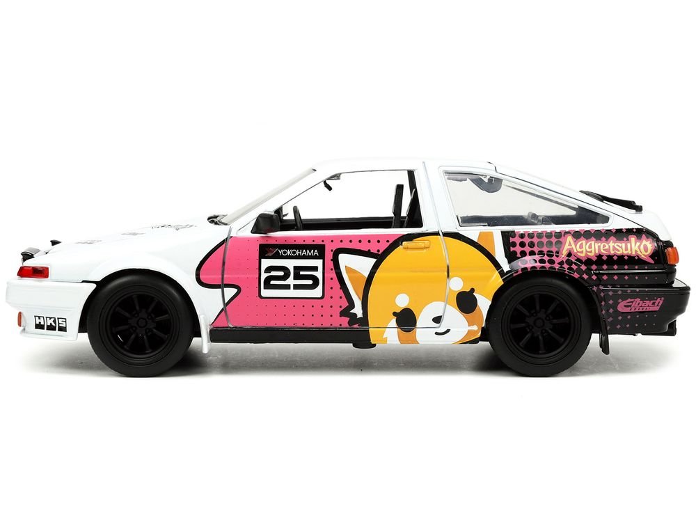 1986 Toyota Trueno (AE86) RHD (Right Hand Drive) #25 White with Graphics and Aggretsuko Diecast Figure "Aggretsuko" "Anime Hollywood Rides" Series 1/24 Diecast Model Car by Jada view 3