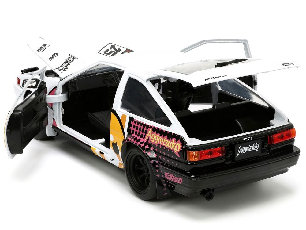 1986 Toyota Trueno (AE86) RHD (Right Hand Drive) #25 White with Graphics and Aggretsuko Diecast Figure "Aggretsuko" "Anime Hollywood Rides" Series 1/24 Diecast Model Car by Jada view 4