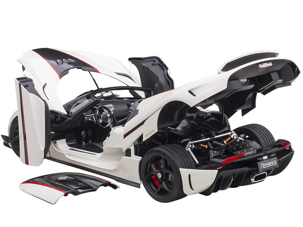 Koenigsegg Regera White with Black Carbon and Red Stripes 1/18  Model Car by Autoart view 2