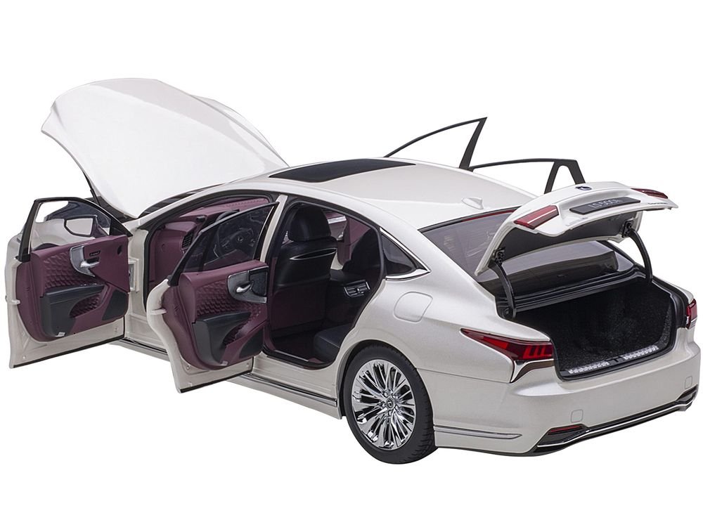 Lexus LS500h Sonic White Metallic with Crimson and Black Interior 1/18 Model Car by Autoart view 2