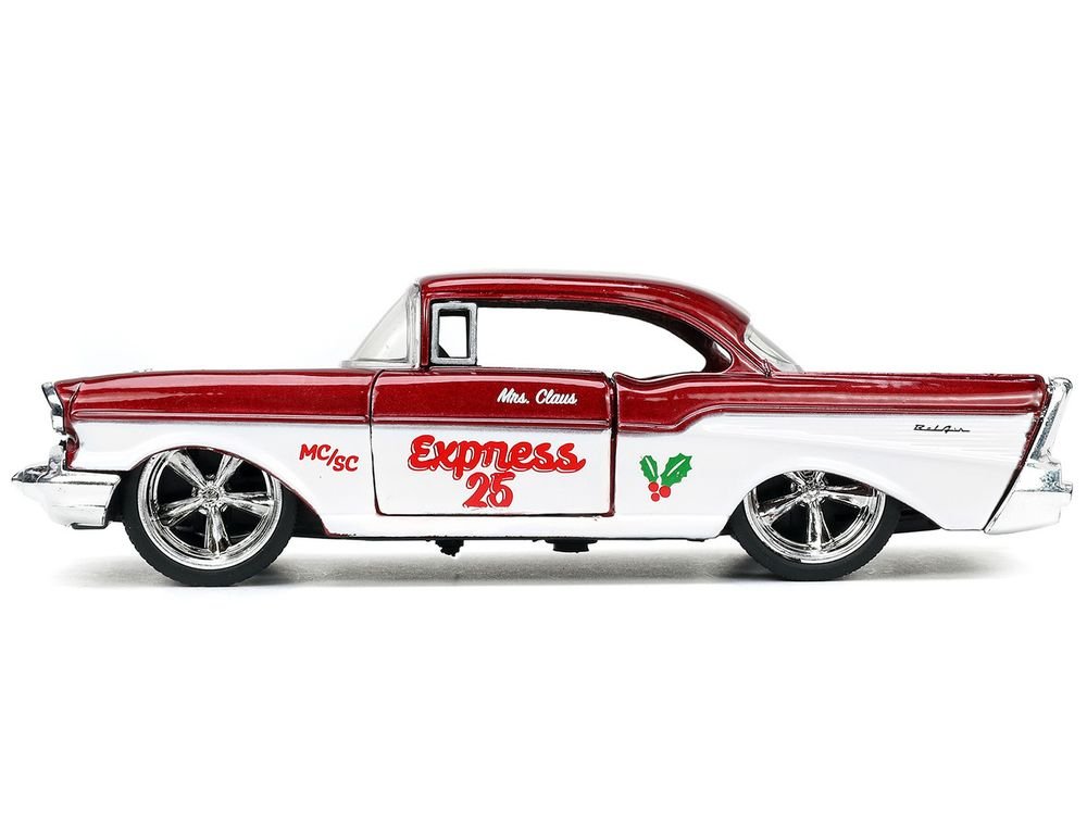 1941 Ford Pickup Truck Red and White "Santa's Workshop" and 1957 Chevrolet Bel Air Red Metallic and White "Express 25" with Mr. and Mrs. Santa Claus Diecast Figures "Holiday Rides" Series 1/32 Diecast Model Cars by Jada view 5