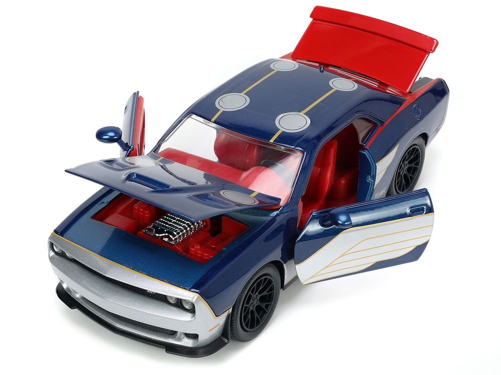 2015 Dodge Challenger SRT Hellcat Dark Blue with Graphics and Red Interior and Thor Diecast Figure "The Mighty Thor" "Marvel" Series 1/24 Diecast Model Car by Jada view 2