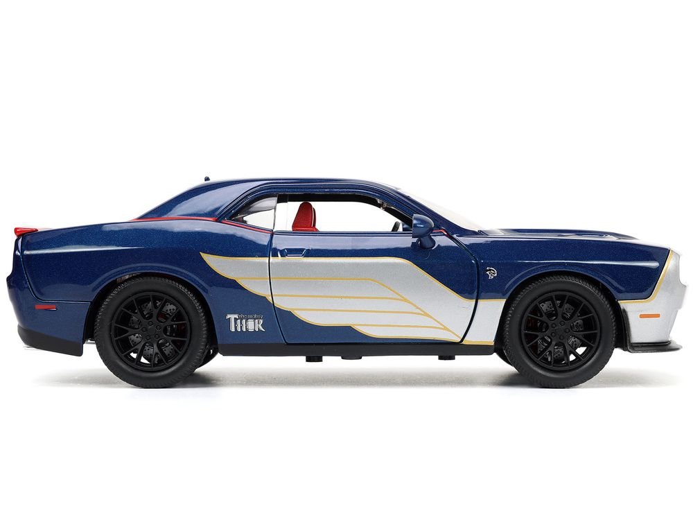 2015 Dodge Challenger SRT Hellcat Dark Blue with Graphics and Red Interior and Thor Diecast Figure "The Mighty Thor" "Marvel" Series 1/24 Diecast Model Car by Jada view 3