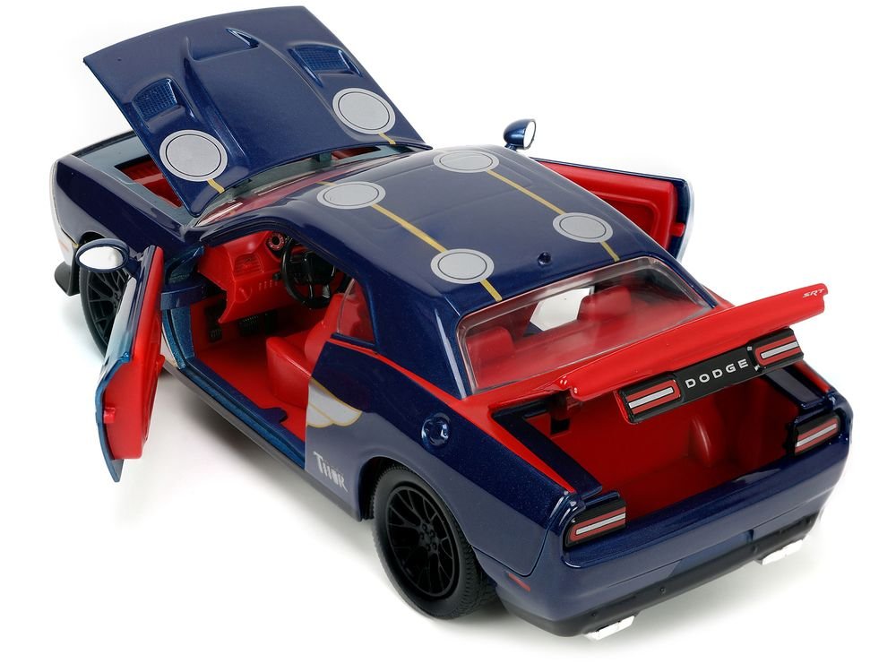 2015 Dodge Challenger SRT Hellcat Dark Blue with Graphics and Red Interior and Thor Diecast Figure "The Mighty Thor" "Marvel" Series 1/24 Diecast Model Car by Jada view 4