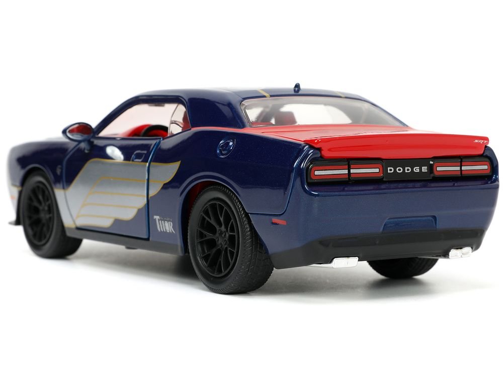 2015 Dodge Challenger SRT Hellcat Dark Blue with Graphics and Red Interior and Thor Diecast Figure "The Mighty Thor" "Marvel" Series 1/24 Diecast Model Car by Jada view 5