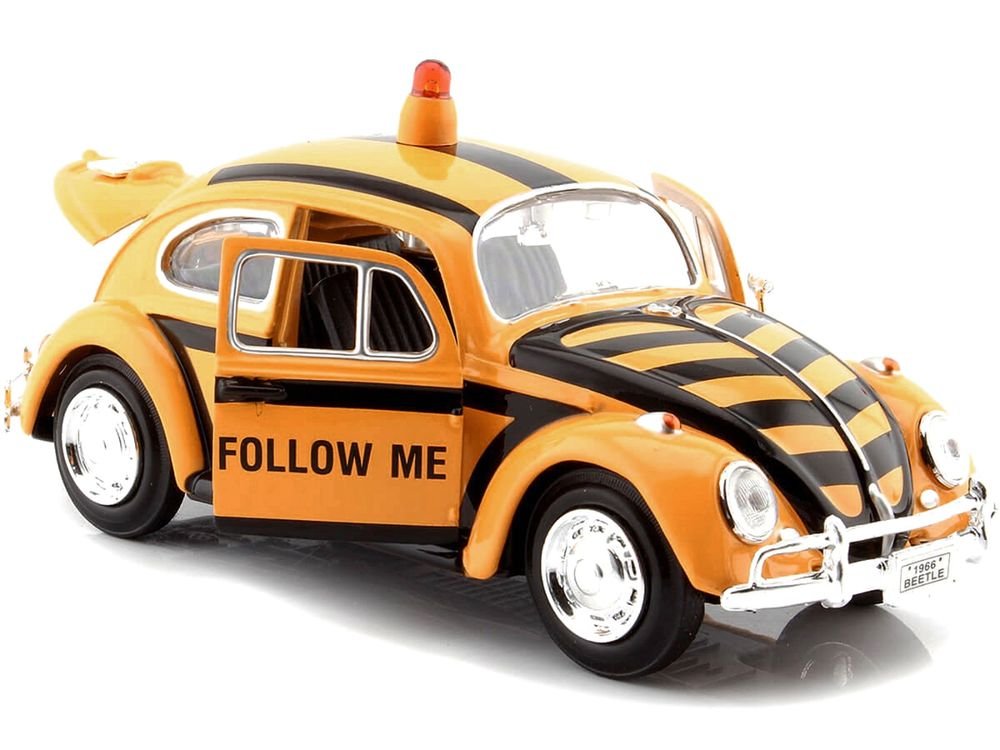 1966 Volkswagen Beetle "Follow Me" Airport Safety Vehicle Yellow with Black Stripes 1/24 Diecast Model Car by Motormax view 2