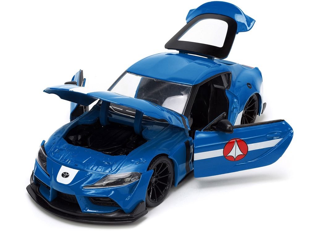 2020 Toyota Supra Blue with Graphics and Max Sterling Diecast Figurine "Robotech" "Hollywood Rides" Series 1/24 Diecast Model Car by Jada view 2