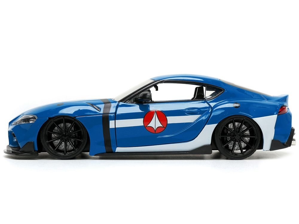 2020 Toyota Supra Blue with Graphics and Max Sterling Diecast Figurine "Robotech" "Hollywood Rides" Series 1/24 Diecast Model Car by Jada view 3