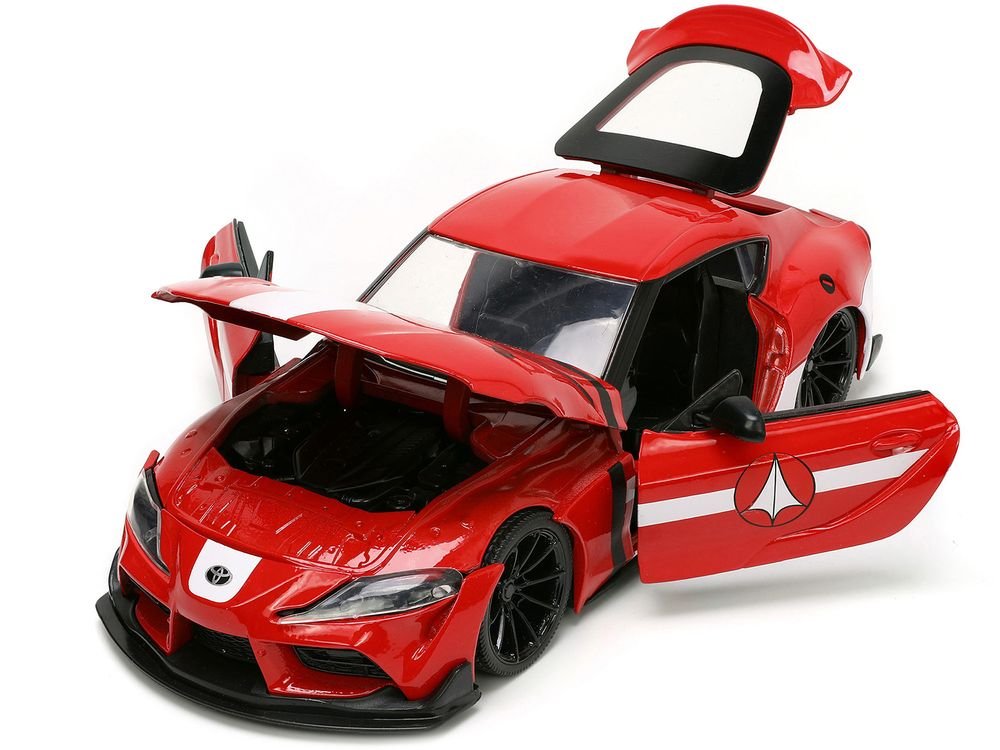 2020 Toyota Supra Red with Graphics and Miriya Sterling Diecast Figurine "Robotech" "Hollywood Rides" Series 1/24 Diecast Model Car by Jada view 2