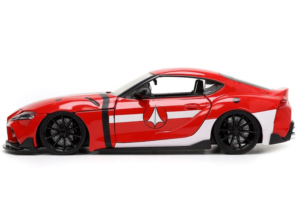 2020 Toyota Supra Red with Graphics and Miriya Sterling Diecast Figurine "Robotech" "Hollywood Rides" Series 1/24 Diecast Model Car by Jada view 3