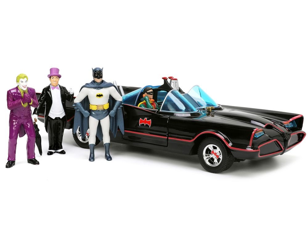 1966 Classic Batmobile with Diecast Batman The Joker The Penguin and Plastic Robin Sitting Inside The Car "Batman" TV Series (1966) "Hollywood Rides" Series 1/24 Diecast Model Car by Jada view 2