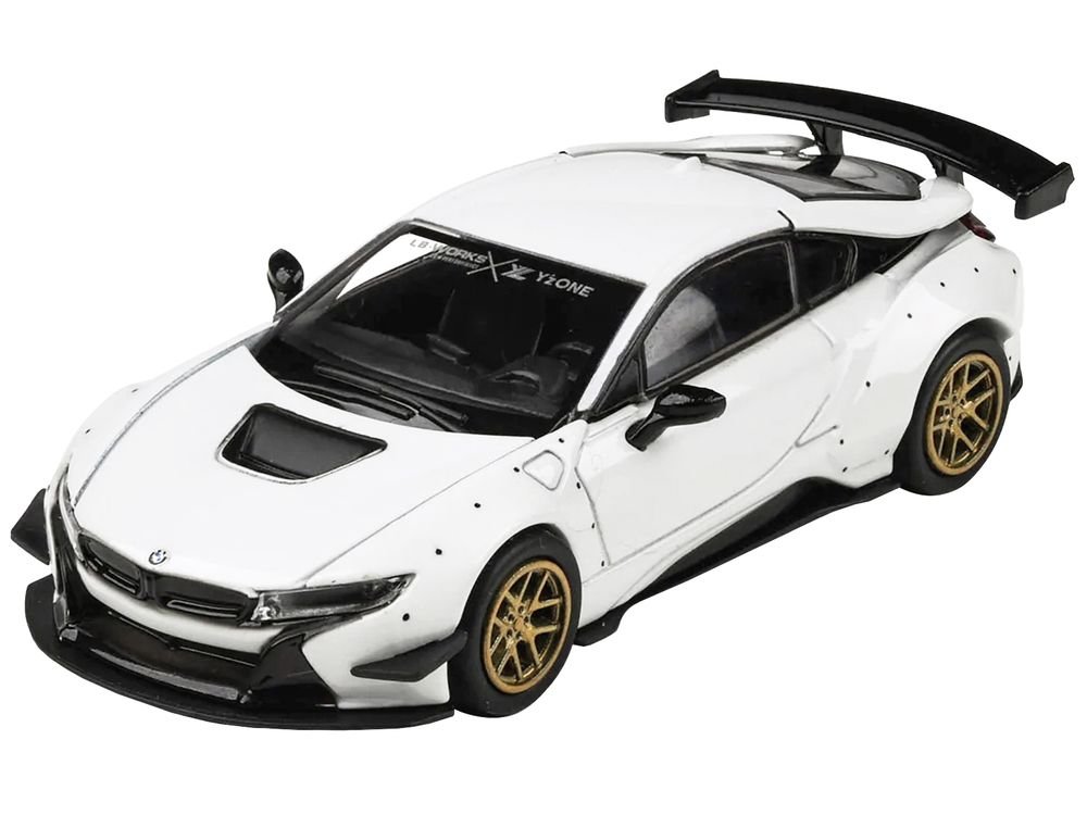 BMW i8 Liberty Walk White with Gold Wheels 1/64 Diecast Model Car by Paragon Models view 3