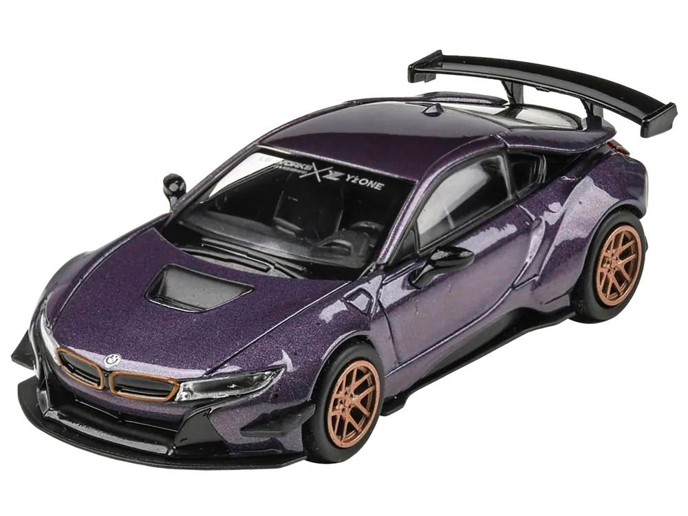 BMW i8 Liberty Walk Twilight Purple Metallic with Gold Wheels 1/64 Diecast Model Car by Paragon Models view 3