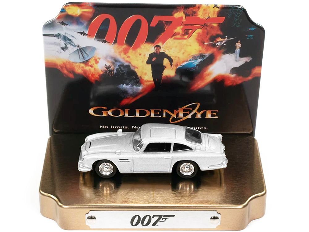 Aston Martin DB5 RHD (Right Hand Drive) Silver Metallic 007 (James Bond) "GoldenEye" (1995) Movie with Collectible Tin Display "Silver Screen Machines" Series 1/64 Diecast Model Car by Johnny Lightning view 2