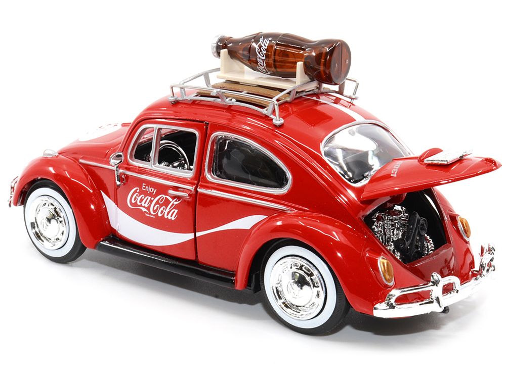 1966 Volkswagen Beetle Red "Enjoy Coca-Cola" with Roof Rack and Accessories 1/24 Diecast Model Car by Motor City Classics view 3