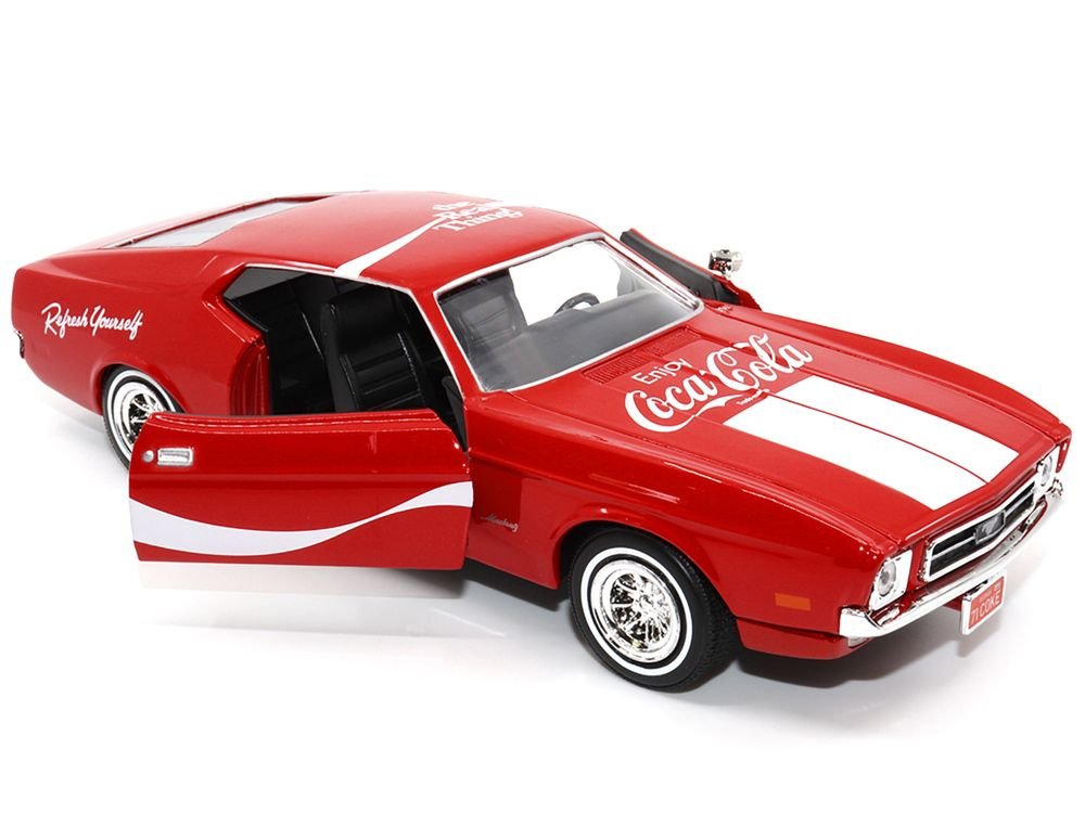 1971 Ford Mustang Sportsroof Red with White Stripes "Refresh Yourself - Coca-Cola" 1/24 Diecast Model Car by Motor City Classics view 2