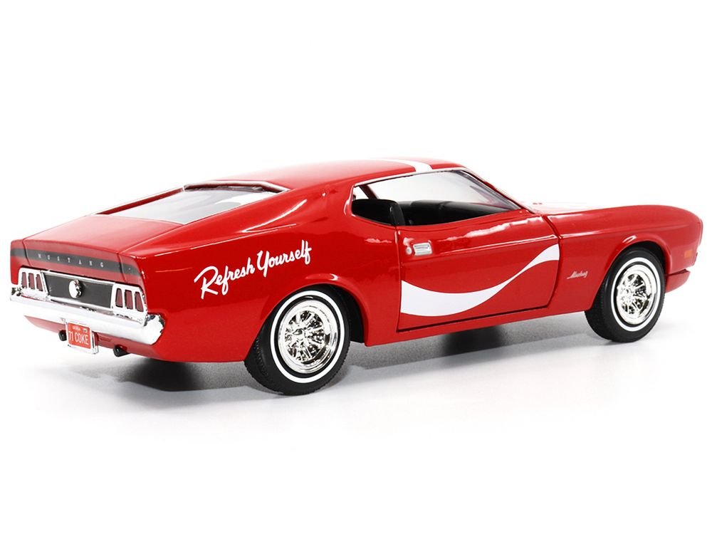 1971 Ford Mustang Sportsroof Red with White Stripes "Refresh Yourself - Coca-Cola" 1/24 Diecast Model Car by Motor City Classics view 3