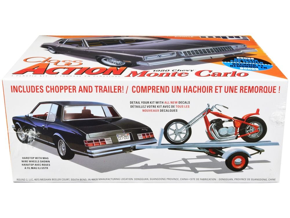 Skill 2 Model Kit 1980 Chevrolet Monte Carlo "Class Action" with Motorcycle and Trailer (Skill 2) 1/25 Scale Model Car by MPC view 2