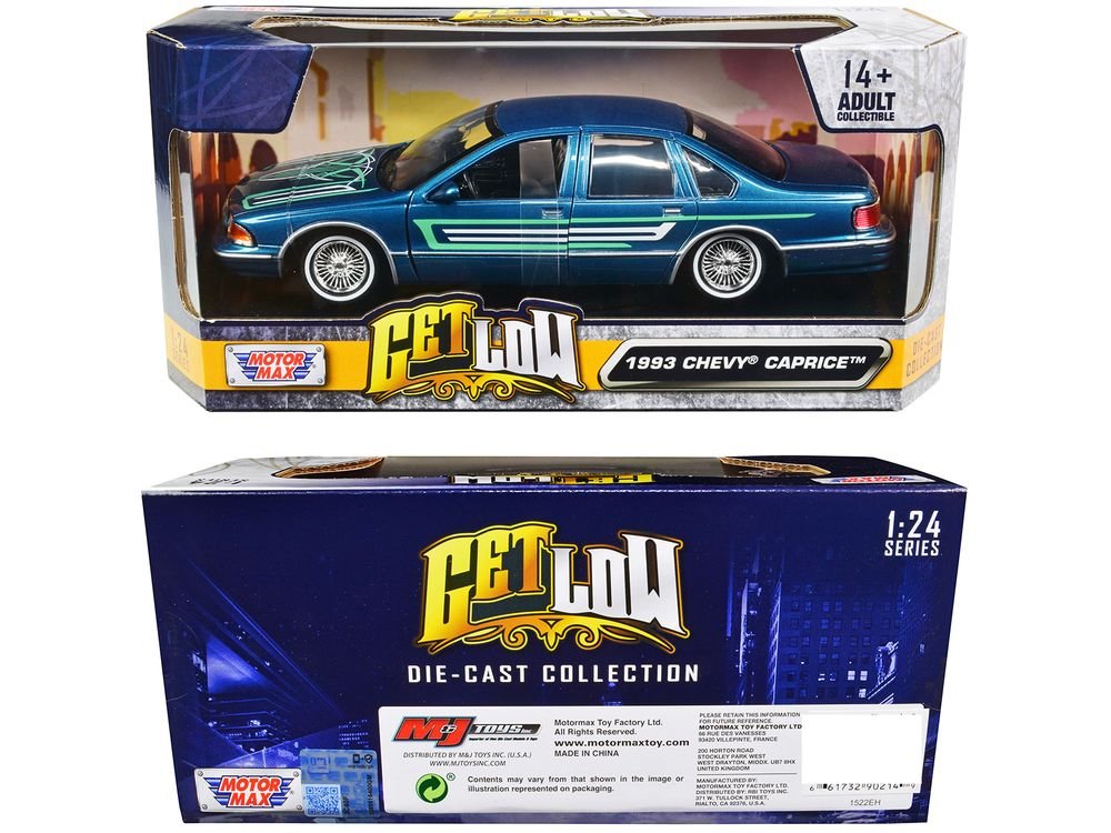 1993 Chevrolet Caprice Lowrider Blue Metallic with Graphics "Get Low" Series 1/24 Diecast Model Car by Motormax view 3